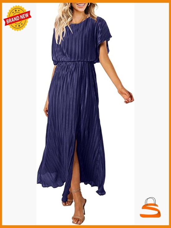Dresses & Skirts - Casual Short Sleeve Maxi Dress with Ruffle Pleated Swing Silhouette